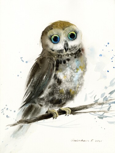 Painting titled "Little owl on a bra…" by Eugenia Gorbacheva, Original Artwork, Watercolor