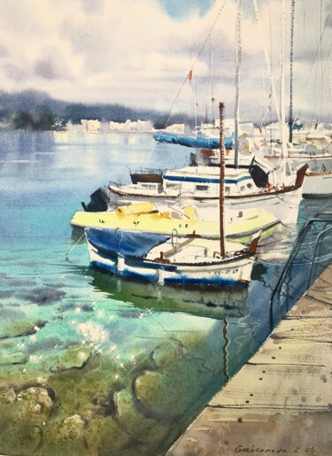 Картина под названием "Boats at the pier (…" - Eugenia Gorbacheva, Подлинное произведение искусства, Акварель