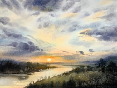 Картина под названием "Sunset over the riv…" - Eugenia Gorbacheva, Подлинное произведение искусства, Акварель