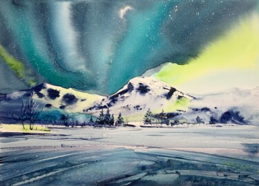 Schilderij getiteld "Aurora borealis #22" door Eugenia Gorbacheva, Origineel Kunstwerk, Aquarel
