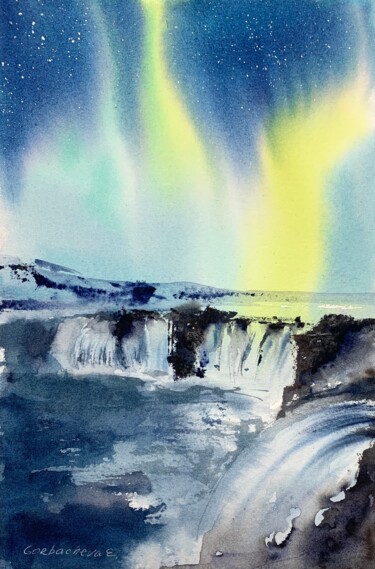 Schilderij getiteld "Aurora borealis #23" door Eugenia Gorbacheva, Origineel Kunstwerk, Aquarel