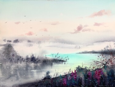 Pintura titulada "Fog over the river…" por Eugenia Gorbacheva, Obra de arte original, Acuarela
