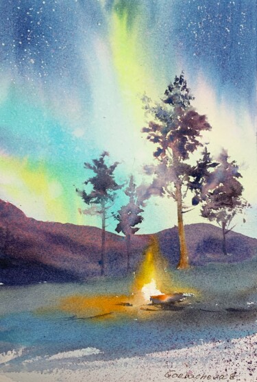 Painting titled "Bonfire" by Eugenia Gorbacheva, Original Artwork, Watercolor