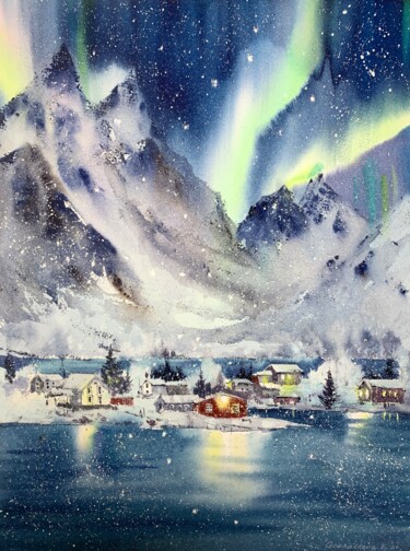 Pittura intitolato "Aurora borealis #27" da Eugenia Gorbacheva, Opera d'arte originale, Acquarello