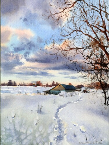 Peinture intitulée "Snowy path" par Eugenia Gorbacheva, Œuvre d'art originale, Aquarelle