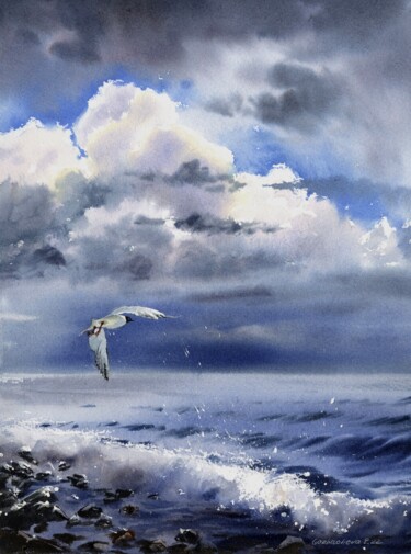 Painting titled "SEAGULL OVER THE SEA" by Eugenia Gorbacheva, Original Artwork, Watercolor