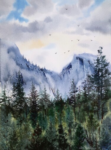 Painting titled "FOREST AND MOUNTAINS" by Eugenia Gorbacheva, Original Artwork, Watercolor
