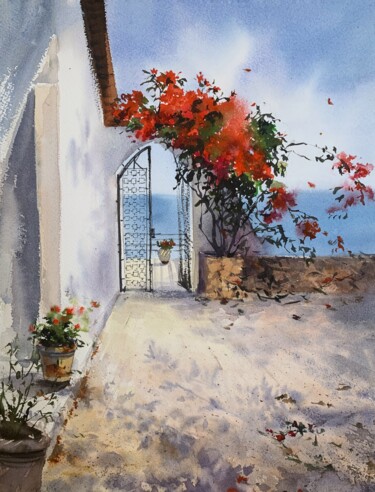 Painting titled "English village Cyp…" by Eugenia Gorbacheva, Original Artwork, Watercolor