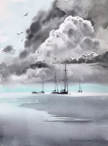 Painting titled "Yachts at sea #10" by Eugenia Gorbacheva, Original Artwork, Watercolor