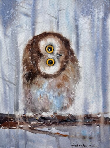 Painting titled "Owlet in the winter…" by Eugenia Gorbacheva, Original Artwork, Watercolor