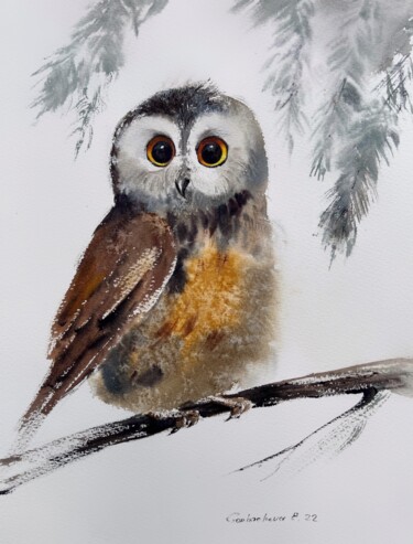 Painting titled "Little owl on a bra…" by Eugenia Gorbacheva, Original Artwork, Watercolor