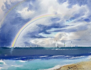 Peinture intitulée "Rainbow over the se…" par Eugenia Gorbacheva, Œuvre d'art originale, Aquarelle