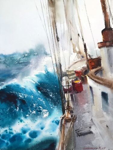 Malerei mit dem Titel "Yacht on the waves…" von Eugenia Gorbacheva, Original-Kunstwerk, Aquarell