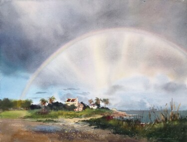 Peinture intitulée "Rainbow over the se…" par Eugenia Gorbacheva, Œuvre d'art originale, Aquarelle