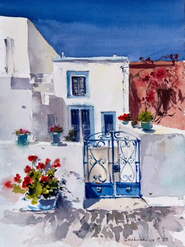 Peinture intitulée "Greek street in Cyp…" par Eugenia Gorbacheva, Œuvre d'art originale, Aquarelle