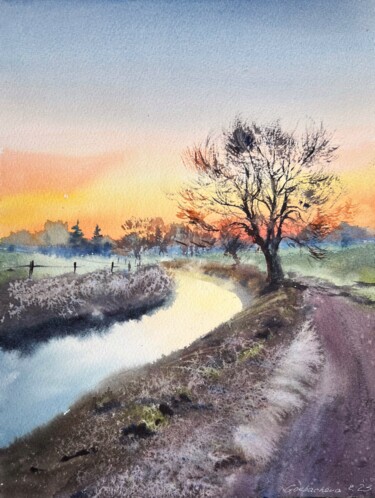 Painting titled "Tree by the river S…" by Eugenia Gorbacheva, Original Artwork, Watercolor