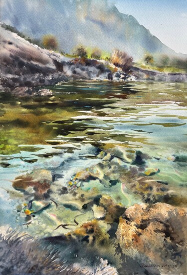 Schilderij getiteld "Mountain river #37" door Eugenia Gorbacheva, Origineel Kunstwerk, Aquarel