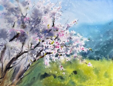 Painting titled "Blooming almond tree" by Eugenia Gorbacheva, Original Artwork, Watercolor