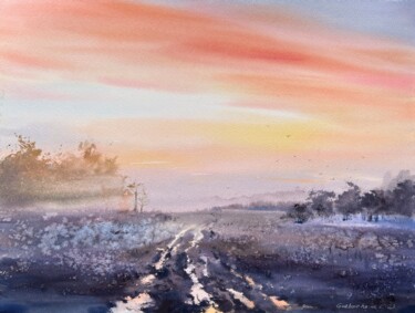 Картина под названием "Orange sunset #11" - Eugenia Gorbacheva, Подлинное произведение искусства, Акварель
