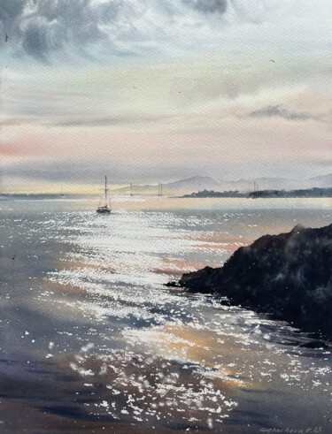 Painting titled "Yachts in the sunse…" by Eugenia Gorbacheva, Original Artwork, Watercolor