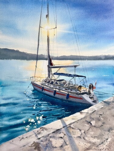 Ζωγραφική με τίτλο "Yacht at anchor at…" από Eugenia Gorbacheva, Αυθεντικά έργα τέχνης, Ακουαρέλα
