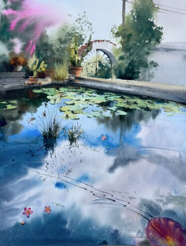 Painting titled "Pond with water lil…" by Eugenia Gorbacheva, Original Artwork, Watercolor