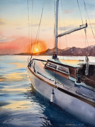 Pintura titulada "Yacht at sunset #7" por Eugenia Gorbacheva, Obra de arte original, Acuarela