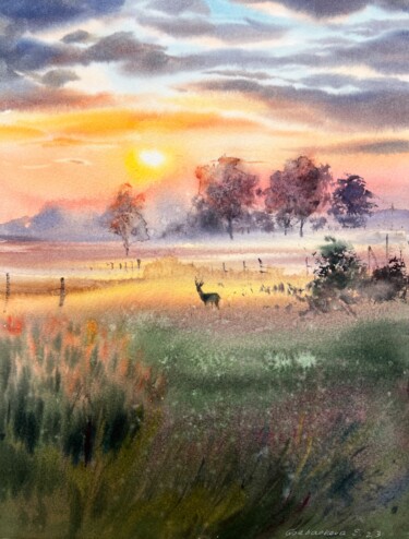 Painting titled "Orange sunset #17" by Eugenia Gorbacheva, Original Artwork, Watercolor