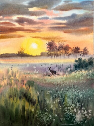 Pintura titulada "Orange sunset #18" por Eugenia Gorbacheva, Obra de arte original, Acuarela