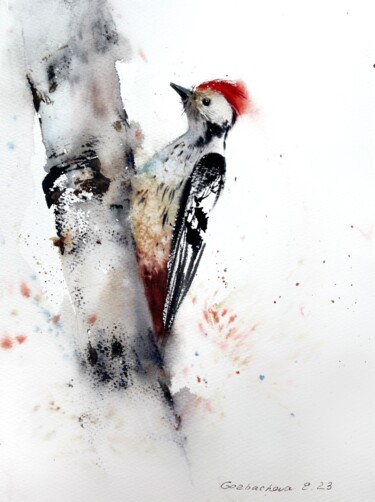 Schilderij getiteld "Woodpecker on a tree" door Eugenia Gorbacheva, Origineel Kunstwerk, Aquarel