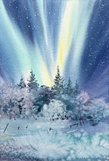 Pintura intitulada "Northern lights #3" por Eugenia Gorbacheva, Obras de arte originais, Aquarela