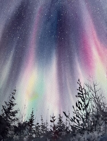 Painting titled "Northern lights #5" by Eugenia Gorbacheva, Original Artwork, Watercolor