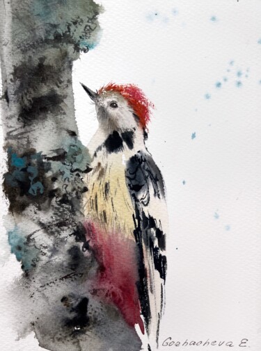 Schilderij getiteld "Woodpecker on a tre…" door Eugenia Gorbacheva, Origineel Kunstwerk, Aquarel