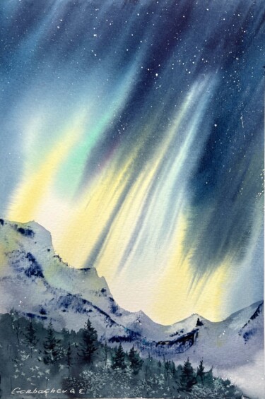 Painting titled "Northern lights #32" by Eugenia Gorbacheva, Original Artwork, Watercolor