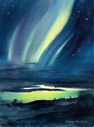 Painting titled "Northern lights #36" by Eugenia Gorbacheva, Original Artwork, Watercolor