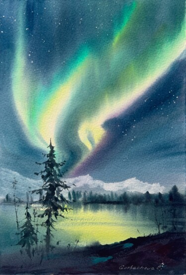 Painting titled "Northern lights #37" by Eugenia Gorbacheva, Original Artwork, Watercolor