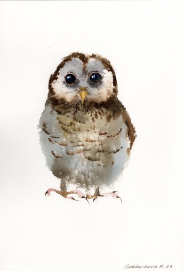 Painting titled "Little owl #2" by Eugenia Gorbacheva, Original Artwork, Watercolor