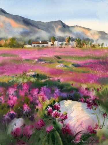 Painting titled "The field of clover…" by Eugenia Gorbacheva, Original Artwork, Watercolor