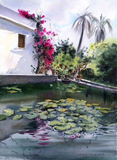 Pittura intitolato "Pond with water lil…" da Eugenia Gorbacheva, Opera d'arte originale, Acquarello