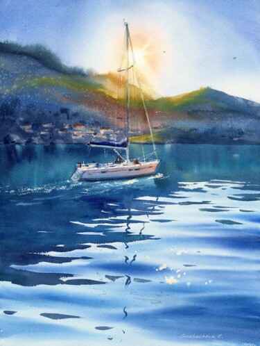 Pintura titulada "Yacht in the sun" por Eugenia Gorbacheva, Obra de arte original, Acuarela