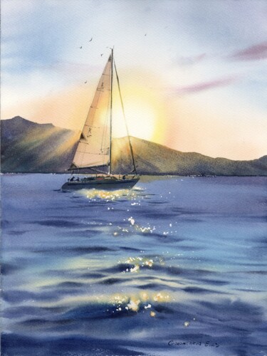 Painting titled "Yacht in the sun #2" by Eugenia Gorbacheva, Original Artwork, Watercolor