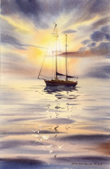 Painting titled "Yacht in the sun #3" by Eugenia Gorbacheva, Original Artwork, Watercolor