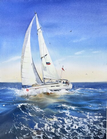 Ζωγραφική με τίτλο "Yacht on the waves…" από Eugenia Gorbacheva, Αυθεντικά έργα τέχνης, Ακουαρέλα