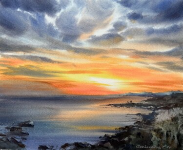 Painting titled "Orange sunset #23" by Eugenia Gorbacheva, Original Artwork, Watercolor