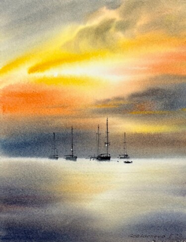 Painting titled "Yachts at sunset #12" by Eugenia Gorbacheva, Original Artwork, Watercolor