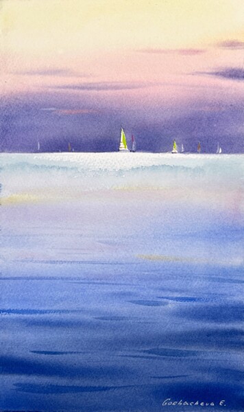 Malarstwo zatytułowany „Yachts at sunset #15” autorstwa Eugenia Gorbacheva, Oryginalna praca, Akwarela