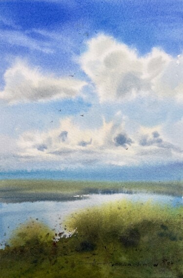 Painting titled "Clouds over the riv…" by Eugenia Gorbacheva, Original Artwork, Watercolor