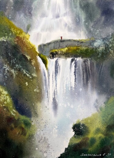 Painting titled "Iceland Waterfalls" by Eugenia Gorbacheva, Original Artwork, Watercolor