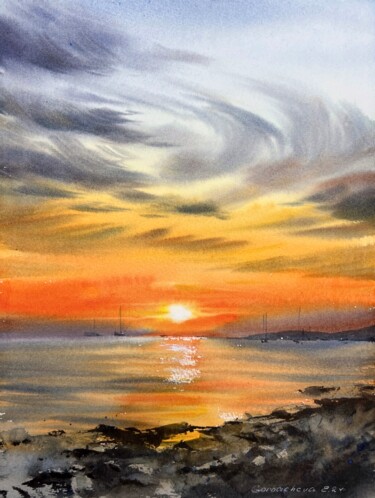 Painting titled "Orange sunset #27" by Eugenia Gorbacheva, Original Artwork, Watercolor