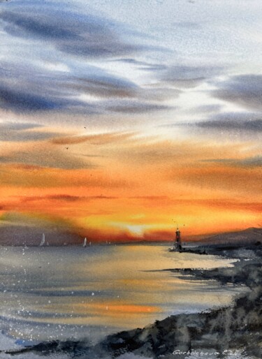 Painting titled "Lighthouse at sunse…" by Eugenia Gorbacheva, Original Artwork, Watercolor